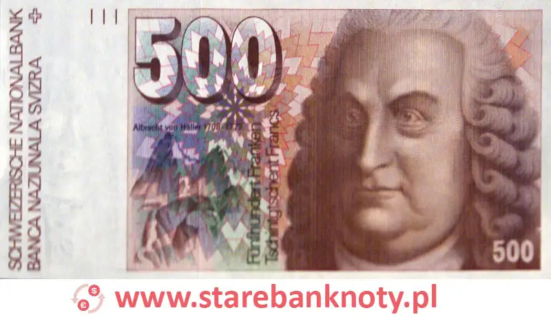 widok banknotu 500 franków szwajcarskich awers